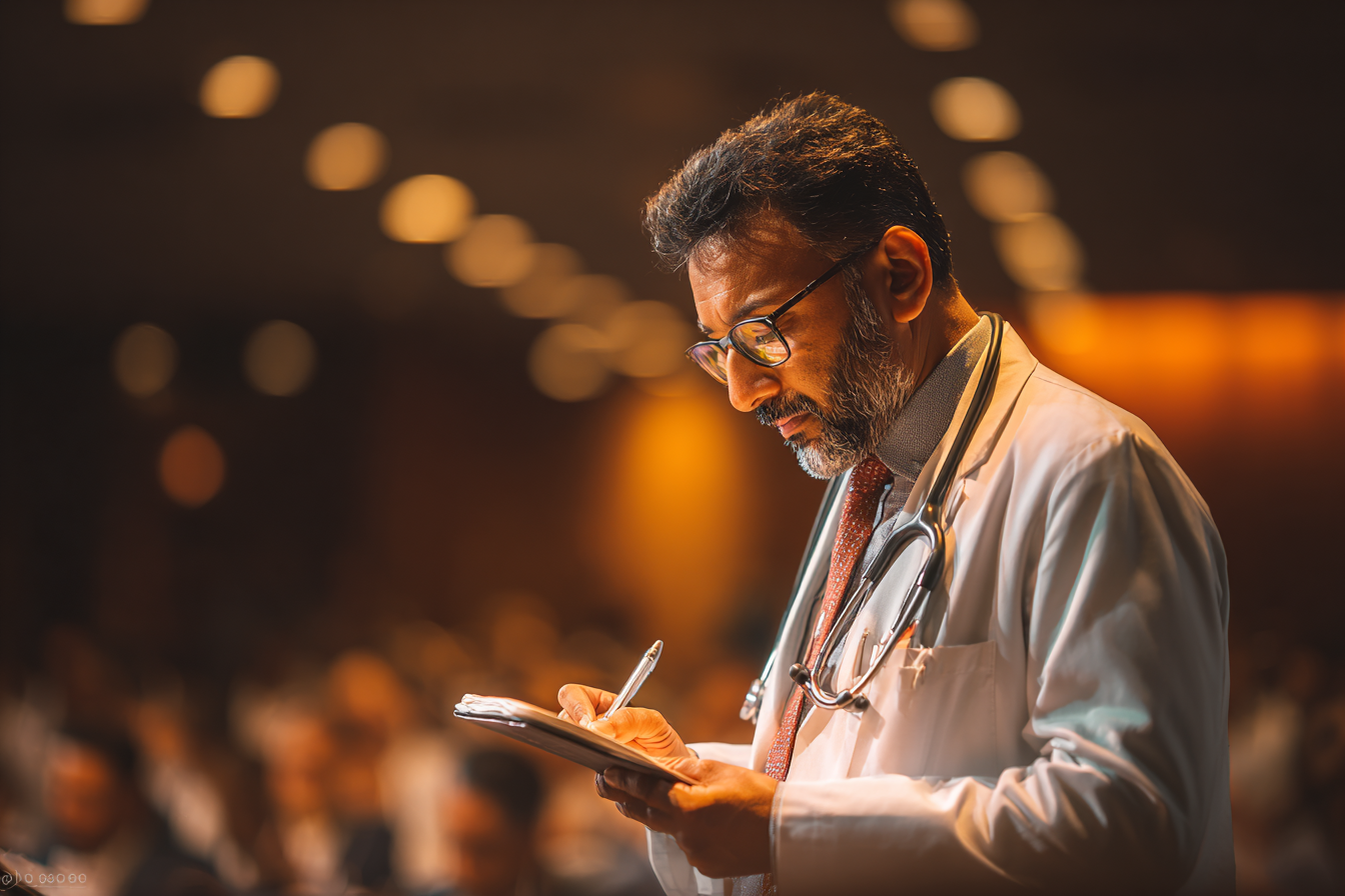 Indian physician reviewing patient notes in a clinical setting