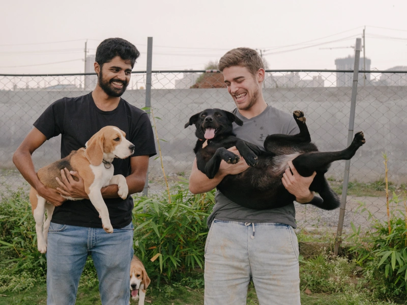 The founders playing with the dog